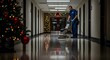 © Wool World - Dedicated cleaner polishes reflective hallway floor amidst glowing Christmas decorations, ensuring a sparkling and festive environment this holiday season