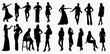 © Adji - A collection of twenty black silhouettes of women in various standing and sitting poses, showcasing different body language and fashion styles.