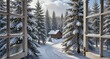 © KarpenArt Studio - cozy winter cabin viewed through open window with snow covered pine trees and a path in the forest.
