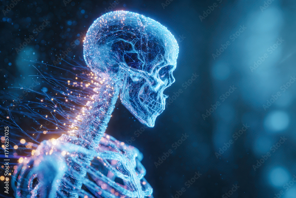 Digital visualization of a human skeleton with glowing neural ...