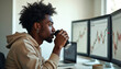 © Vadym - Focused african trader drinks energy drink near computer screens. Data index chart visible. Man celebrates business success. Stock market concept. Financial analyst works with graphs at trading