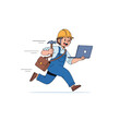 © Vira - Cartoon technician in a yellow hard hat and blue overalls running with a laptop and hammer.