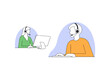 © Tanicsean - Two customer service representatives wearing headsets at separate workstations, isolated on a transparent background