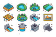 © Viacheslav - Colorful Isometric Icons. Stormwater management. Colorful isometric vector icons set of Stormwater management: storm drain grate, detention pond, retention