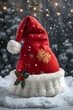 © AESTHETIC - A red Santa hat with white fur trim, golden embroidery, and holly decoration resting on snow with falling snowflakes and warm Christmas lights in the background.