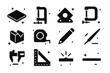 © Coosh448 - Fabrication Tools Icons. Fabrication bench details. Solid icons set of Fabrication bench details: steel plate, fixture clamp, magnetic square, C-clamp,