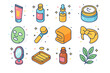 © Coosh448 - Natural Beauty Icons. Natural beauty routine. Colorful isometric vector icons set of natural beauty routine: cleanser, toner, serum, moisturizer, face mask,