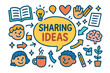 © Viacheslav - Colorful Idea Exchange. Sharing ideas. Colorful Hand-drawn doodle Children illustration Sharing ideas speech bubbles, books, light bulbs, hearts, hands, coffee