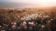 © Thares2020 - A serene field of wildflowers bathed in golden morning light with sheep grazing in the distance