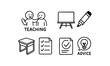 © Framezy - hand drawn cute doodle style line isolated on white background: teaching mentor whiteboard marker pen student desk checklist page advice icon