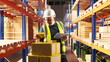 © Grispb - Logistics control in warehouse by male worker with tablet, wearing hard hat and vest, checking parcels and managing inventory among shelves stocked with goods and containers.