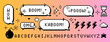 © Mariia - Y2k pixel retro dialogue box set, font, phrases Pow, Kaboom, Wow, Boom, Omg, bomb icon. 8 bit communication vector elements of speech bubbles for text message, game interface, nostalgic arcade design
