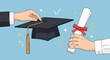 © Limin - Graduation Ceremony Handing Cap and Diploma, People, Indoor Event, Vector Illustration, Achievement Concept