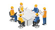 © Ophelia - Construction team meeting in isometric style with workers discussing blueprints and reports