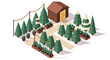 © Maureen - Christmas tree farm with festive lights and wooden cabin in isometric style