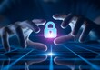 © Achmad - Cybersecurity and Data Privacy Human hands protect a glowing padlock icon on a futuristic grid, symbolizing secure network protection for sensitive digital information