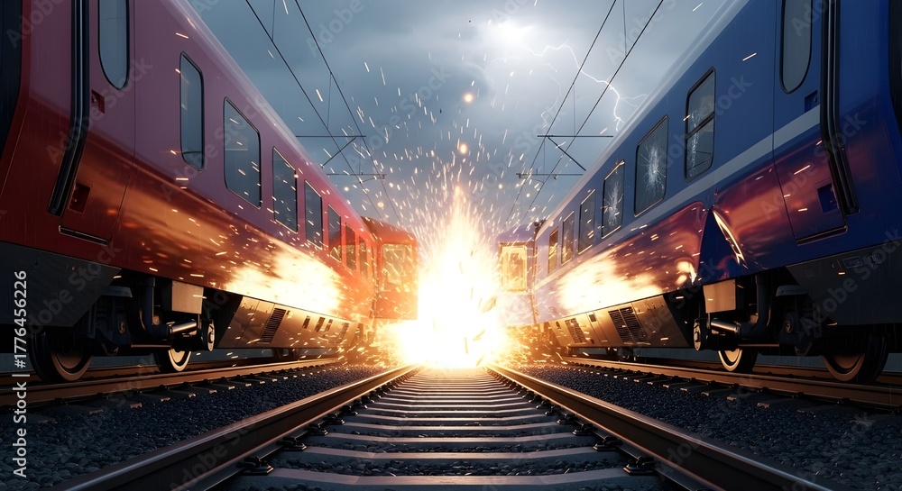 Dramatic train collision on tracks with bright explosion and sparks in ...