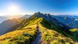 © Azhar - Mountain Range Summit Trail at Sunrise with Golden Sunburst Over Green Hills and Blue Sky