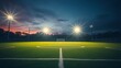 © XDD - floodlights. An empty football field under dusk floodlights, capturing serene anticipation before the game begins. event key visuals, club posters, designed for fitness apps and gym onboarding.