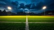 © XDD - floodlights. An empty football field under dusk floodlights, capturing serene anticipation before the game begins. event key visuals, club posters, designed for fitness apps and gym onboarding.