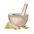 © Masha_tolk_art - Cardamom powder ground with pestle and mortar Watercolor illustration on isolated background. Dried Cardamom spice seeds. Aromatic ingredient for baking, hot and cold drinks, seasoning various dish.