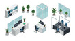 © Maureen - Isometric office workspace with desks, plants, and glass partition walls