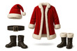 © Krtola  - Santa claus costume pieces, including red jacket, hat, black boots and belt, on transparent background for christmas