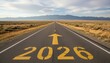 © paosee - Road asphalt arrow 2026 new year sunrise sky, marking future journey travel direction, embodying motivation inspiration vision business plan success improvement.