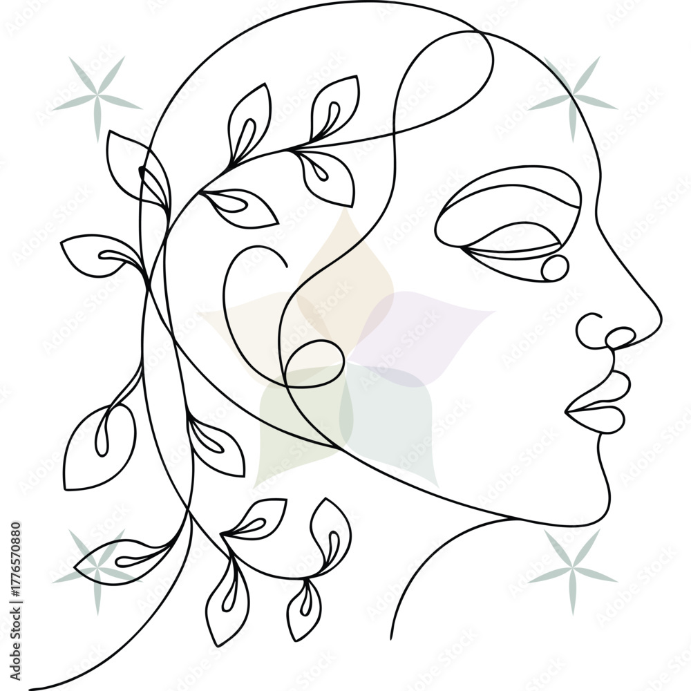 Single line drawing a woman's profile with flowing hair leaves abstract ...