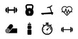 © drawing lines - A set of simple black flat design icons representing various fitness and gym equipment and concepts.