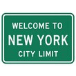 © Tor Gilje - Welcome to New York, city limit sign, in green and white on a plain background.