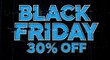 © GALKI - Black friday sale banner with blue text and glitch effect on a dark binary code background design layout