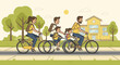 © UP ZONE - Family of five riding bicycles together on a sunny day, heading towards a school building.
