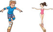 © Itz Joydip - Boy balancing on beam with protective gear and girl performing ballet pose, children activity illustration showing balance, coordination, sport, dance, focus