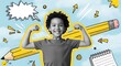 © ArtShop - Young boy flexing muscles and smiling with school supplies background