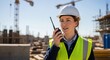 © Vasiliy - Female engineer using a walkie-talkie at a construction site. Professional woman in a hard hat and safety vest managing a building project
