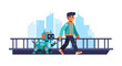 © SEKAR - A Person With His Robotic Dog Strolling Along A City Bridge With Modern Skyline View