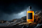 Butelka złocistego alkoholu (whisky/rum) z czarną etykietą, ustawiona na chropowatych skałach, oświetlona ciepłym blaskiem, na tle burzowego nieba.