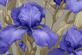 Wzór tapety z fioletowo-niebieskimi irysami o wyraźnej teksturze, otoczonymi stylizowanymi liśćmi w stonowanych, beżowo-brązowych odcieniach. Bogaty detal.
