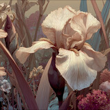 Artystyczna, botaniczna grafika z dużym, kremowo-brzoskwiniowym irysem na pierwszym planie, otoczonym gęstą roślinnością w przygaszonych odcieniach różu i zieleni.