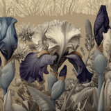 Wzór botaniczny z kolorowym irysem (biało-purpurowym) w centrum, otoczonym gęstą, stylizowaną roślinnością w monochromatycznych odcieniach beżu i szarości.