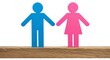 © Photography - Blue male and pink female cutout figures holding hands on a wooden surface, symbolizing a relationship.