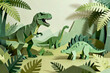 © Robert Garcia - Playful papercraft dinosaurs, including a roaring T-Rex, Stegosaurus, and Brachiosaurus, in a vibrant green prehistoric jungle diorama with cut-out trees and layered hills.