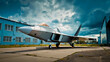 © Nikname - A fighter jet is parked on a runway in front of a blue building with a cloudy sky in the background