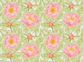 Coral Peonies Seamless Pattern – Watercolor Floral Design on White Background