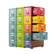 © Vibu design  gallery - A vibrant stack of multi-colored filing cabinet drawers, some partially open, showcasing organization and storage against a clean transparent background. background removed