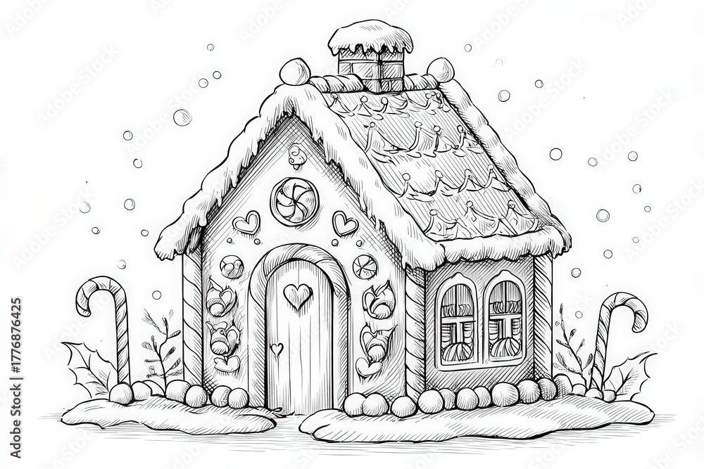 The illustration features a whimsical gingerbread house adorned with candy canes and hearts. Snow gently covers the roof and ground, creating a cozy winter atmosphere.