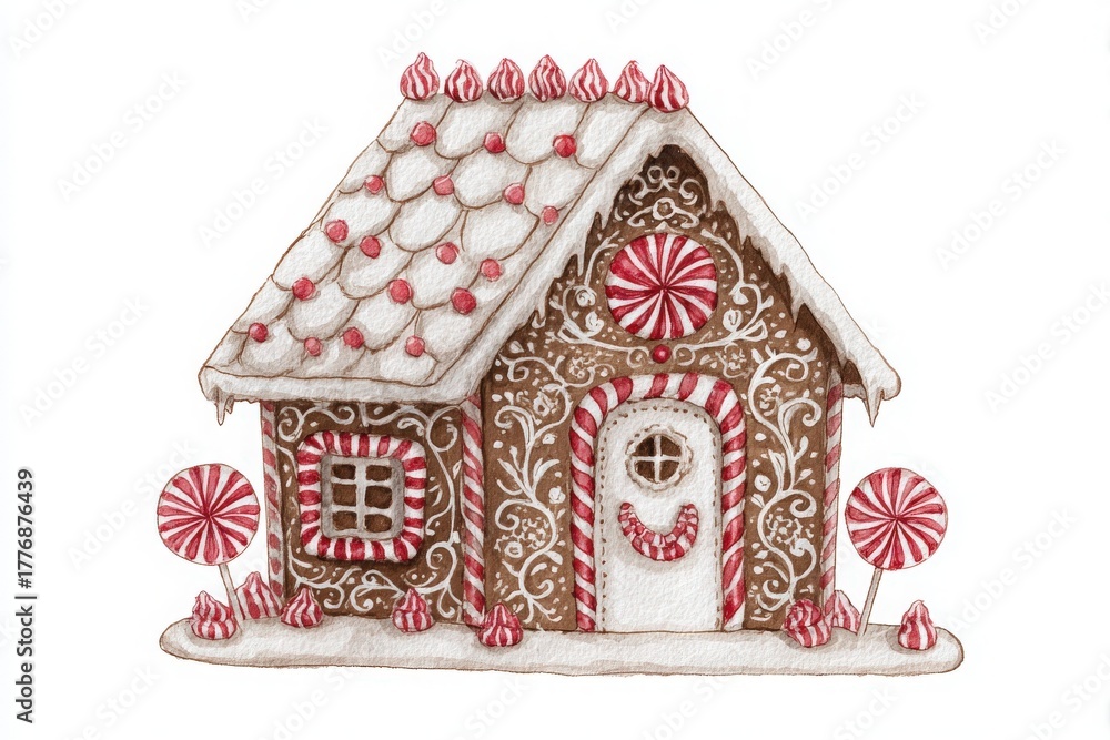 A delightful gingerbread house stands with a snow-covered roof, adorned with colorful candies and icing. It features a welcoming door and candy details, evoking a festive spirit.