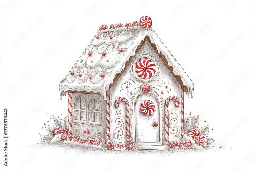 A delightful gingerbread house stands out with a decorated roof and candy details. This whimsical design features peppermint swirls and bright red accents, perfect for holiday cheer.