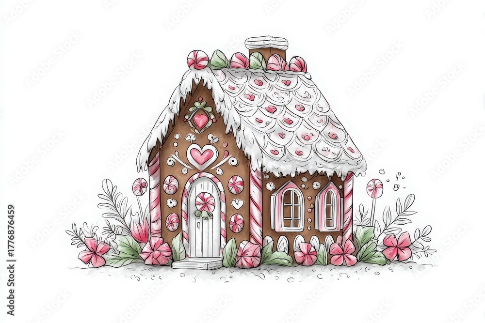 A charming gingerbread house features a decorated roof with white icing and colorful candies. Surrounding flowers and green plants add to its whimsical appearance, creating a delightful scene.